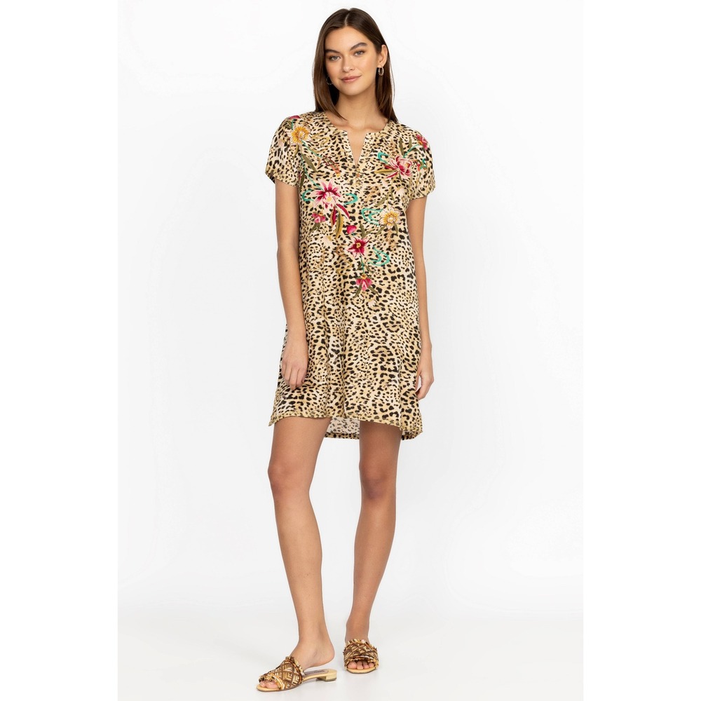 Johnny Was Maisie Easy Button Tunic Dress XS Leopard Linen Floral Embroidered